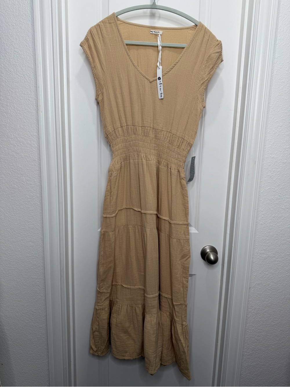 Miiju 100% Cotton Smocked Tiered Maxi Dress XS Oatmeal